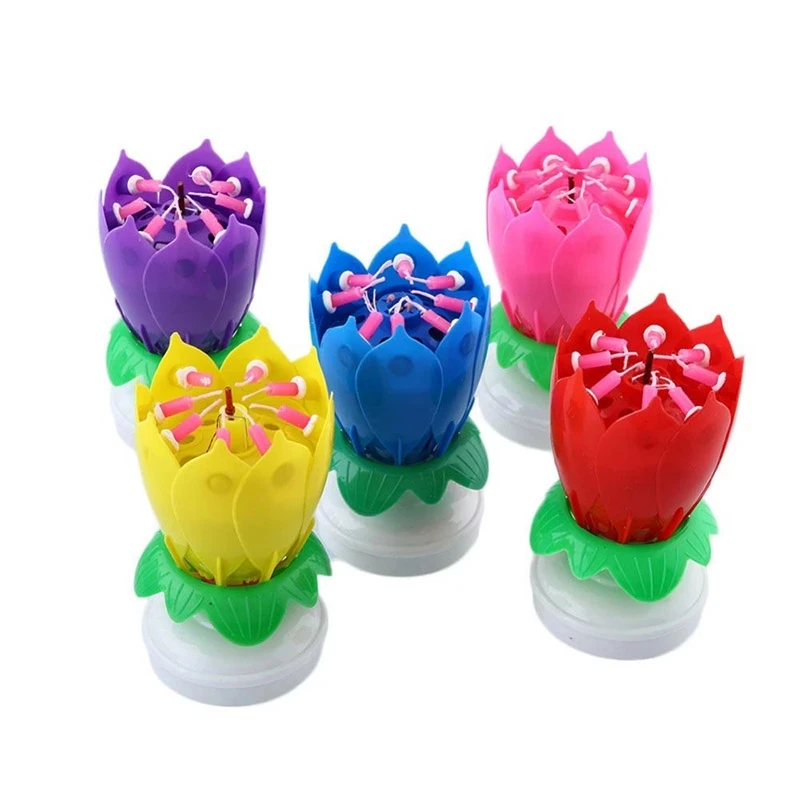 LEXING Electronic  Musical Birthday Happy Sparkler Candle Lotus Shape  Rotating Candle