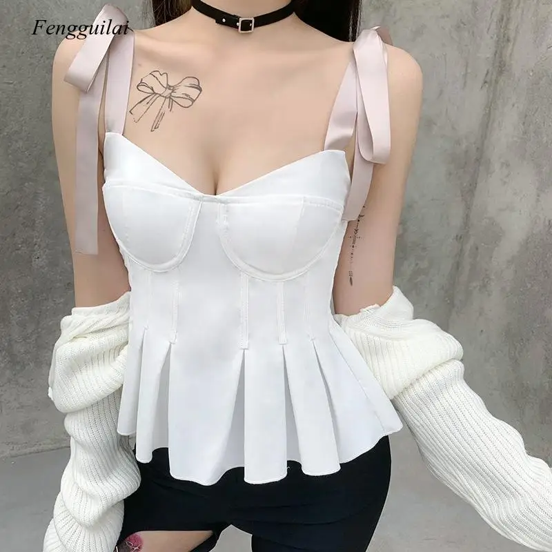 2021 Bandage Pleated Suspender Women's European and American Style Dark Street Sleeveless High Waist Summer Top