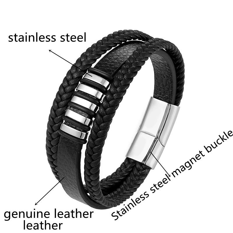 European And American Popular Stainless Steel Leather Bracelet Men\'s Multilayer Woven Leather Bracelet