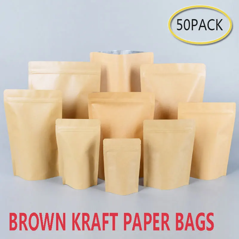 50Pcs Brown Kraft Paper Bags Stand-Up Heat Sealable Reseal able Zip Pouch Food Coffee Storage Packaging Bags Baking Addict