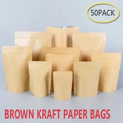 Sacos De Papel Kraft Marrom, Stand-Up Heat Sealable, Reseal Zip Pouch, Alimentos, Armazenamento De Café, Sacos De Embalagem, Adição De Cozimento, 50Pcs