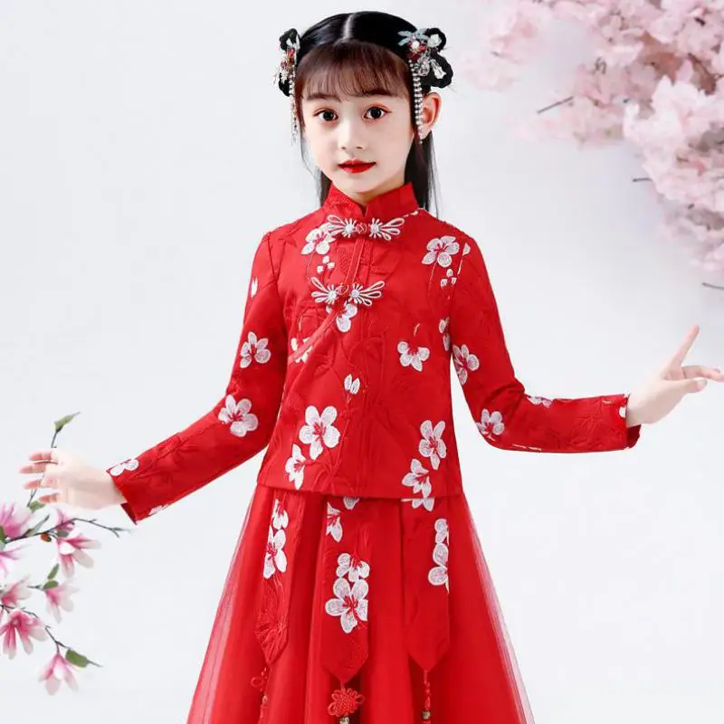 Trẻ Em Thêu Cổ Hanfu Trẻ Em Trung Quốc Đáng Yêu Đường Phù Hợp Với Truyền Thống Đảng VÁY ĐẦM Chụp Ảnh Thực Hiện Trang Phục