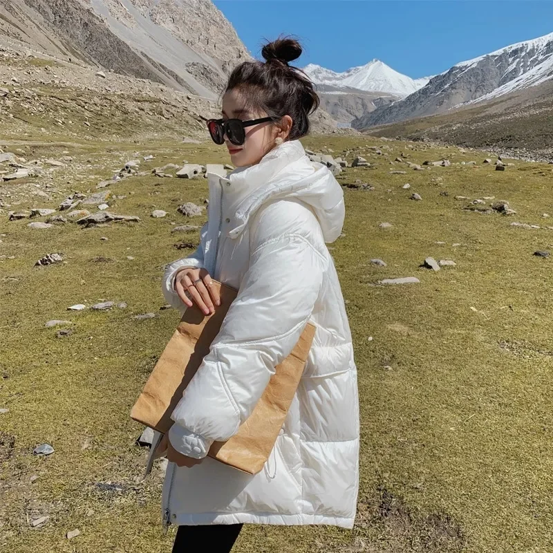 Winter 2021 New Korean Down Cotton Jacket Women Mid-Length Fashion Pink Thick Hooded White Duck Down Jacket M190
