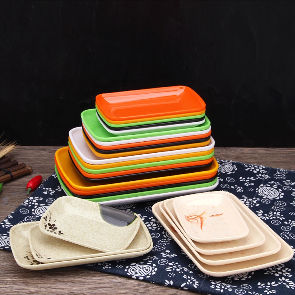 Color Melamine Dish BBQ Grilled Skewer Plastic Dish Plate Rectangular Imitation Porcelain Dish Restaurant Snack Pasta Dish