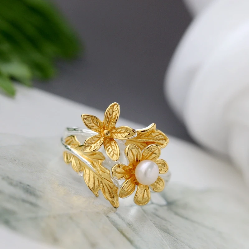 Elegance Simplicity 925 Sterling Silver Rings Inlaid Natural Pearl Gold Plated Fashion Women Open Adjustable Ring Jewelry Gift