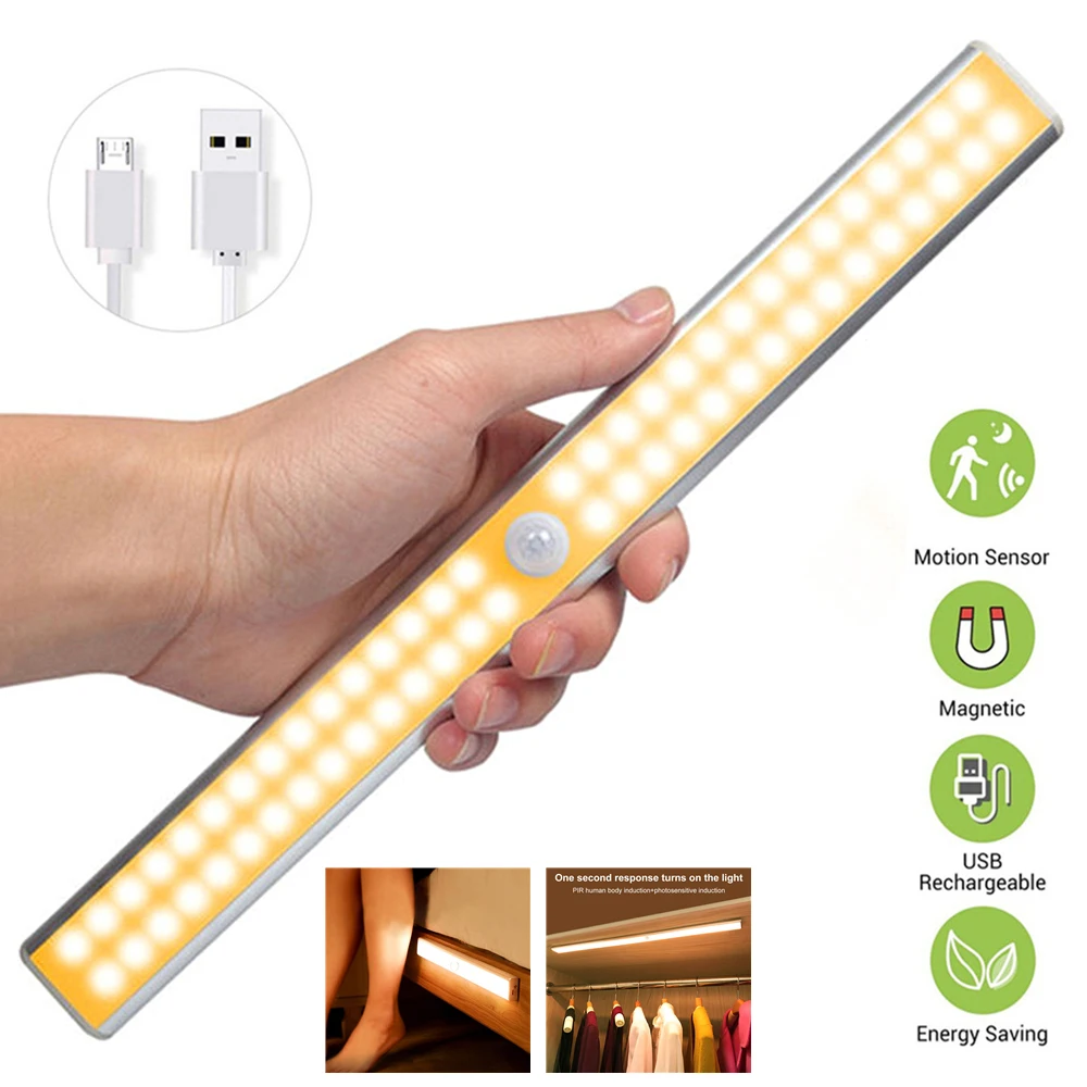 24/40/60 LED USB Rechargeable Under Cabinet Light Wireless Motion Sensor Closet Light Magnetic Strip Kitchen Night Lamp For Room