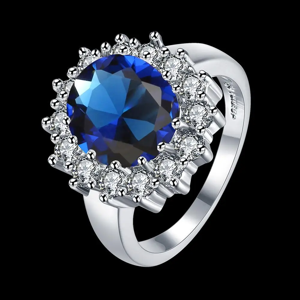 Princess Diana William Kate Gemstone Rings Sapphire Blue Wedding Engagement 925 Sterling Silver Finger Ring for Women