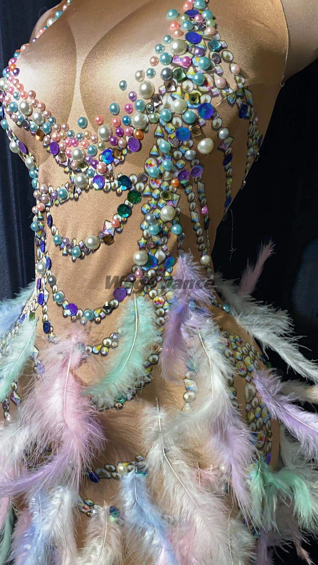 Vestido elástico sin mangas con plumas y diamantes de imitación para mujer, fiesta de graduación con abertura alta para traje Sexy, actuación en escenario