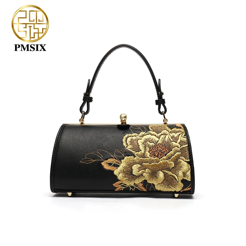 PMSIX Women Genuine Leather Handbag Fashionable Embroidery Real Leather Shoulder Bag Classical Tote Crossbody Bag 2020