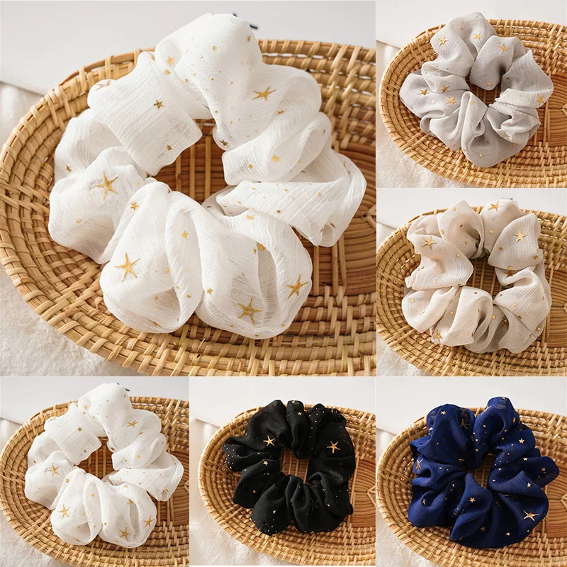 Oversized French Organza Hair Scrunchies Elegant Star Chiffon Women Elastic Hair Rubber Bands Hair Ties Stretch Ponytail Holder