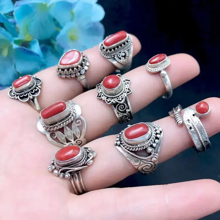 Designer original new retro inlaid dzi bead opening adjustable couple ring personality exaggerated saddle ethnic style jewelry