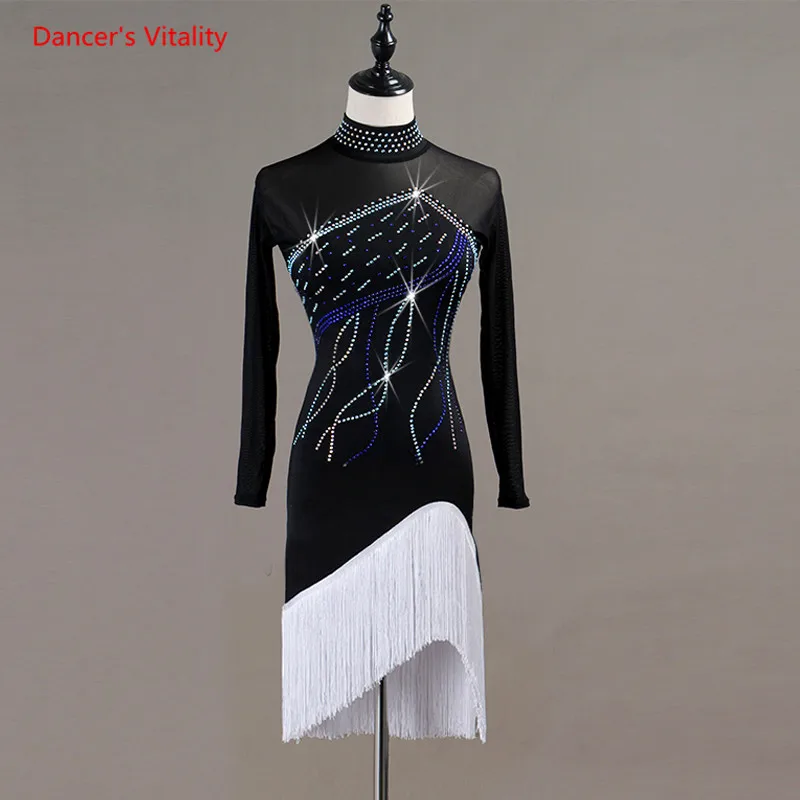 

Women Latin Dance Dress Performance Costumes Sexy Gauze Long Sleeves Diamonds Tassel Dresses Adult Latin Ballroom Dance Clothes