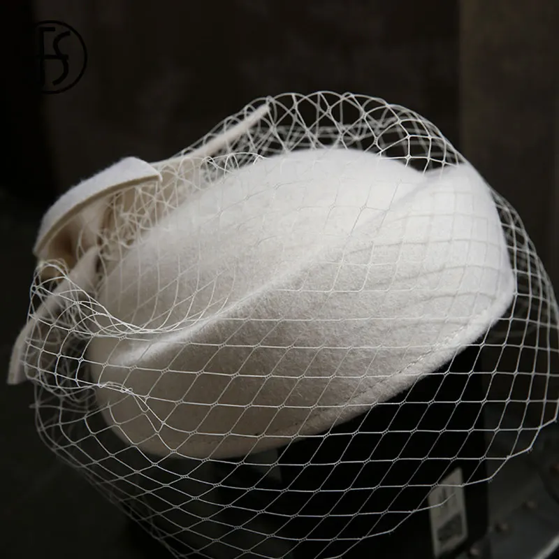 Béret en feutre de laine blanche pour femme, chapeau Fascinator vintage, élastique, voile de visage, patients, fête de mariage, fleur de perle, Fedora, hôtesse de l'air