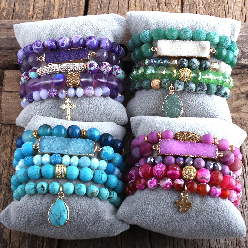 Fashion Designer Boho Beaded Bracelet Natural Stone Crystal Druzy 5pc Bracelets Sets For Women  Jewelry Gift