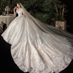 Vestido De novia elegante con cuello De barco, Vestido De novia con tren De princesa, bata De encaje De lujo, 2023