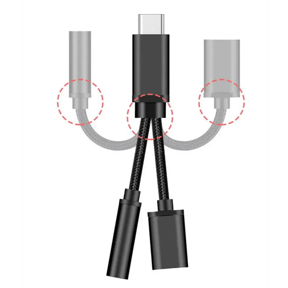 نايلون 2 في 1 Type-C إلى 3.5 مللي متر شاحن سماعة الصوت جاك USB C كابل نوع-C إلى 3.5 مللي متر موصل محول للهاتف المحمول