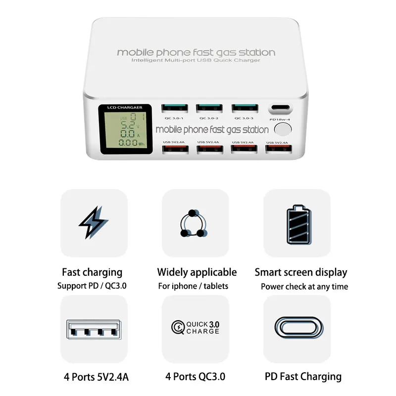 Multi QC3.0 Usb Charging Station For Samsung S8 S10 S20 Huawei Mate20 P30 Nova8 Lcd Display Charger Dock For Oppo Xiaomi Vivo