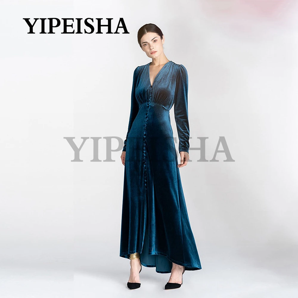 

V-Neck Simple Velour A-Line Evening Dresses Button Long Sleeve Front Split Party Gown robe de soirée femme vestidos fiesta