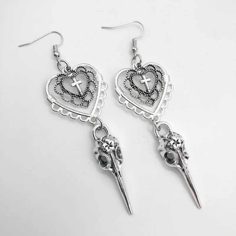 Gothic Heart Cross Bird Skull Earrings Jewellery Design Dark Art Goth Aestheic Dangle Earrings For Alternative Girl Punk Gifts