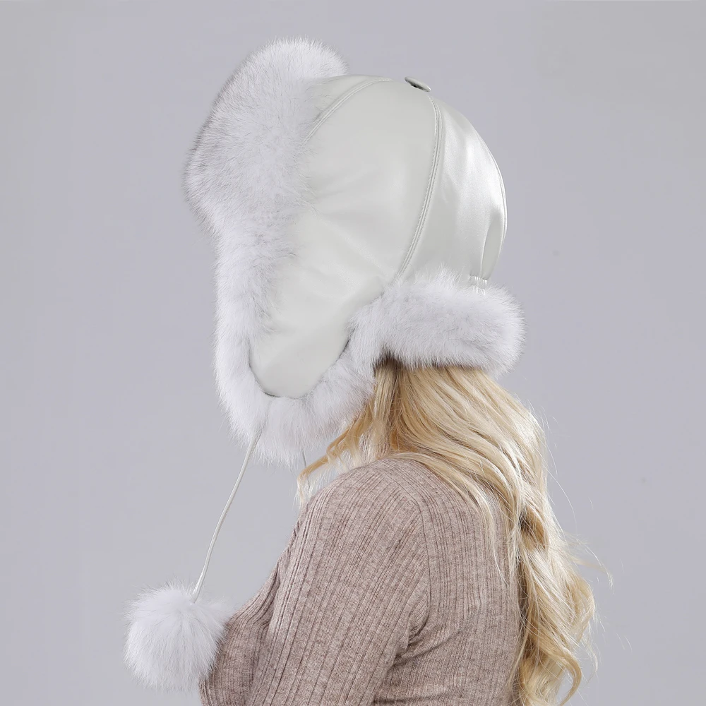 

2024 Natural Real Fox Fur Bomber Hats Winter Warm Women Fluffy Fox Fur Earflap Caps Luxury Quality Lady Genuine Real Leather Hat