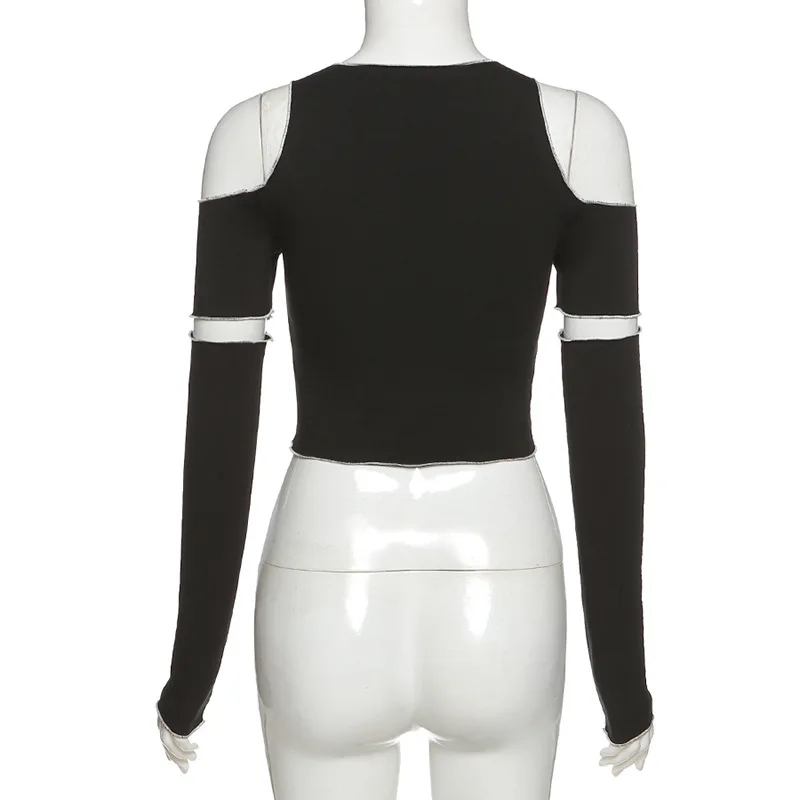 Patchwork Black T-shirts Gothic One Shoulder Sleeve Crop Tops Ruffles Hem Hip Hop Techwear Women Tees image 6