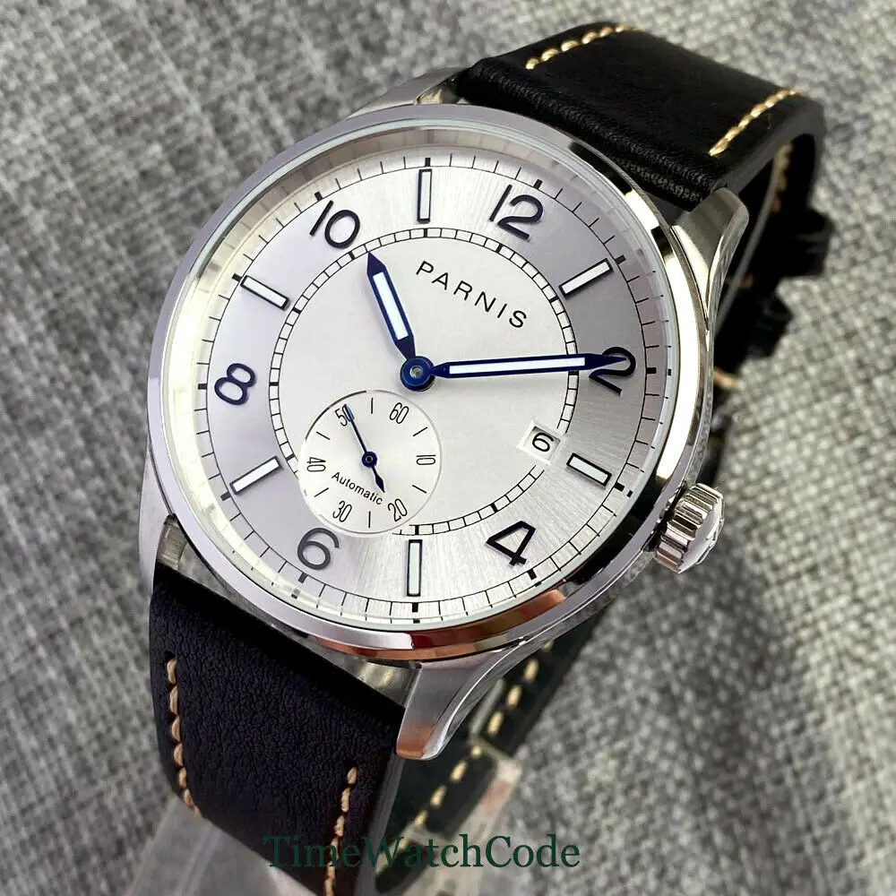 Parnis 42mm ST1731 Automatic Men\'s Watch White Dial Auto Date Small Seconds Blue Marks Leather Strap See-through Watch Back