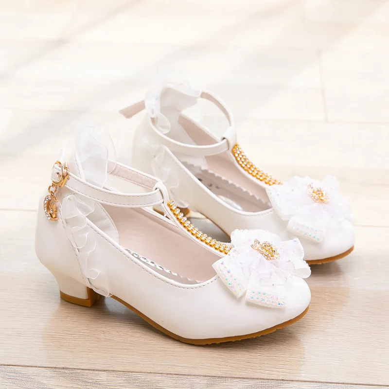 3 5 12 Year Fashion Crystal Bow High-Heel Shoe Child Girl White Wedding Princess Dress Shoes For Dance Kids Spring Party Leather