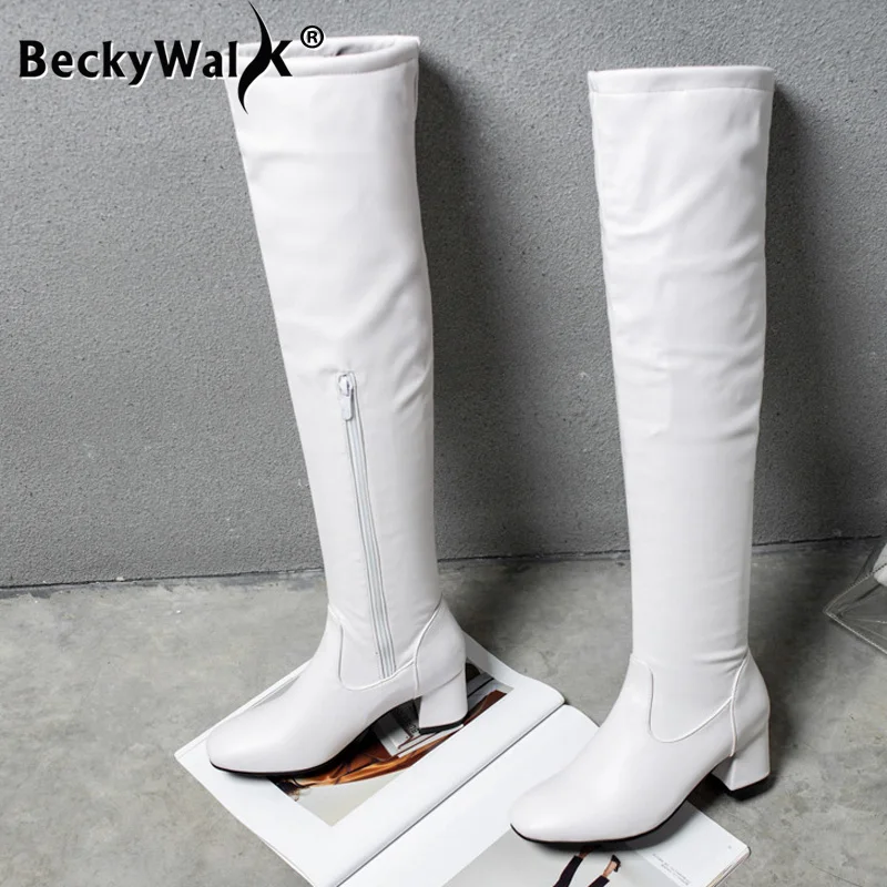 Classic Thigh High Boots Women Autumn Winter Square Middle Heel Over The Knee Boots Balck White Shoes Woman Plus Size 45 WSH3699