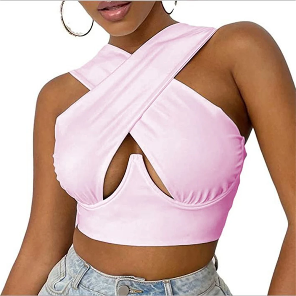 2021 Top marrone corto da donna Criss Cross Tank Sexy senza maniche Solid Cutout Front Top Party Club Streetwear Lady Bustier Tops