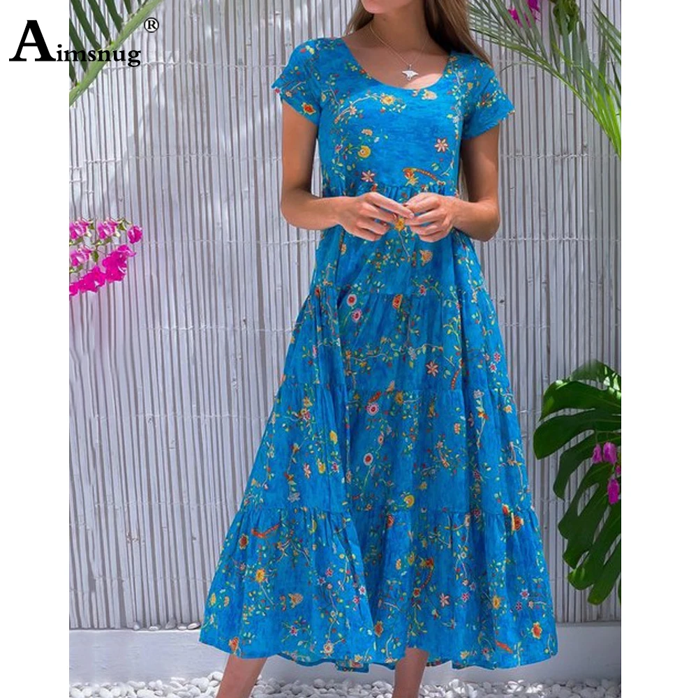 

Women Flower Print Sweet Dress For Women Leisure O Neck Short Sleeve Loose Party Dress New Pleated Summer Mid-Calf Dresses Femme