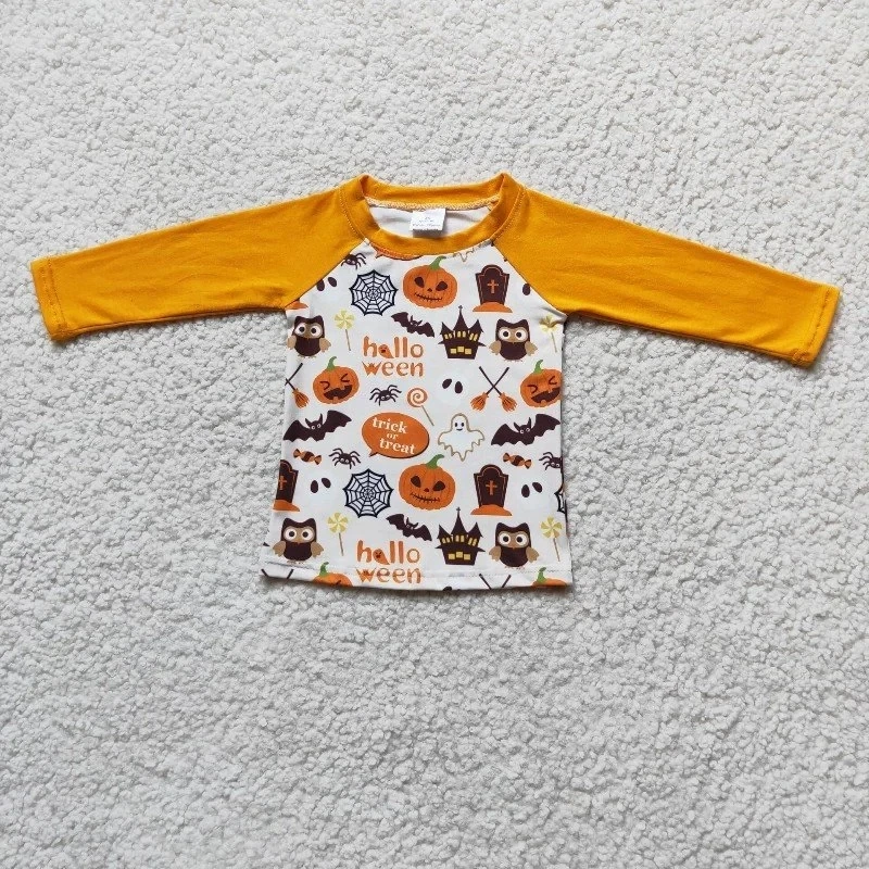 Großhandel Baby Mädchen Junge Thanksgiving Top Kleidung Orange Langarm Kürbis Stickerei Blau Gestreiften T-shirt Kinder Kleidung