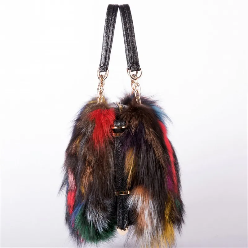 Sac à main de luxe en cuir pour femmes, en vraie fourrure de renard, multicolore, marque de fête, à bandoulière, de styliste, de soirée