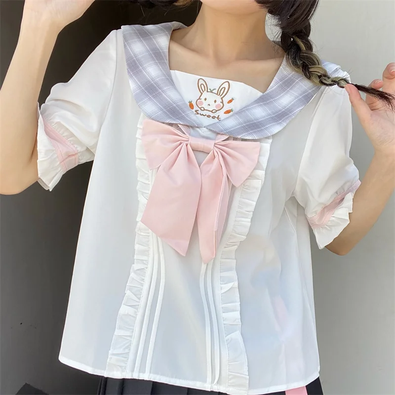 

Plaid Sailor Collar White Shirts Teen Girls Bunny Ears Preppy Style Cute Rabbit Embroidery Kawaii Tops Lolita JK Chiffon Blouses