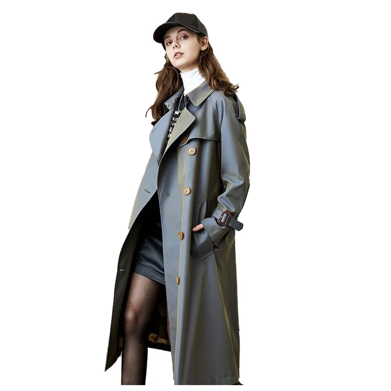 

Women's Waterproof Long Trench Coat with Belt and Epaulet, Double Breasted Overcoat, Solid, Spring, Autumn, New