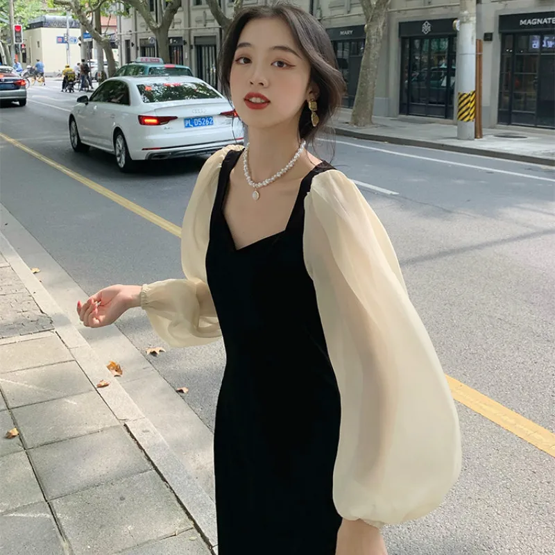 Long Sleeve Dress Women Chic Elegant Ulzzang Female Casual Patchwork Party Retro Lovely Streetwear Autumn V-neck Mid-calf Simple