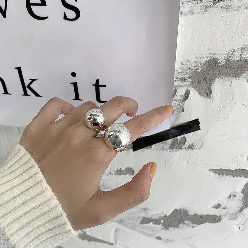 LIVVY Silver Color Large Ball Smooth Rings for Women Vintage Simple Handmade Opening Finger Fashion Jewelry Couple