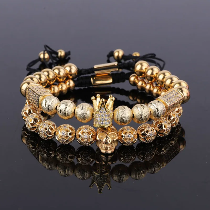 Luxury Men Jewelry CZ Pave Ball Crown Charm Stainless Steel Skull Beaded Cord Adjustable Bracelet