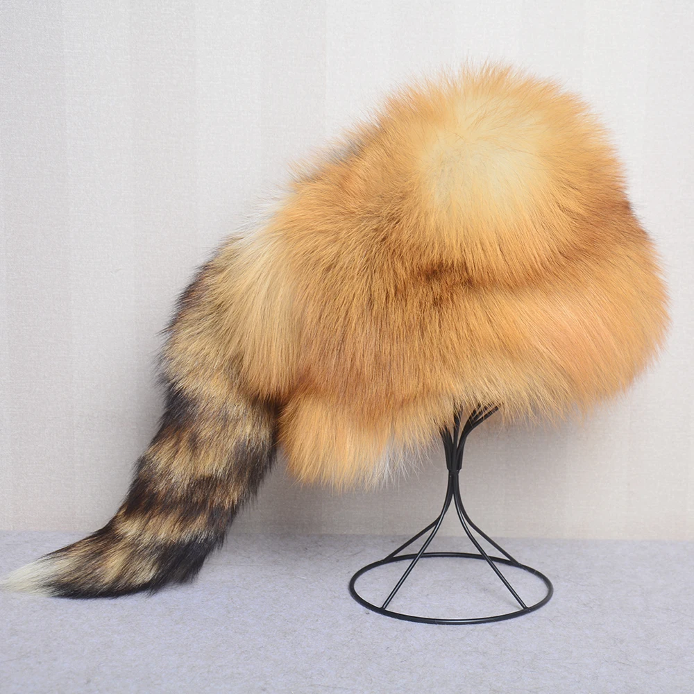 Men Real Fox Fur Beanies Hat Mongolian Hat Unique Process Fox Tail Design Luxury Winter Warm Hats For Fashion Men Bomber Hat