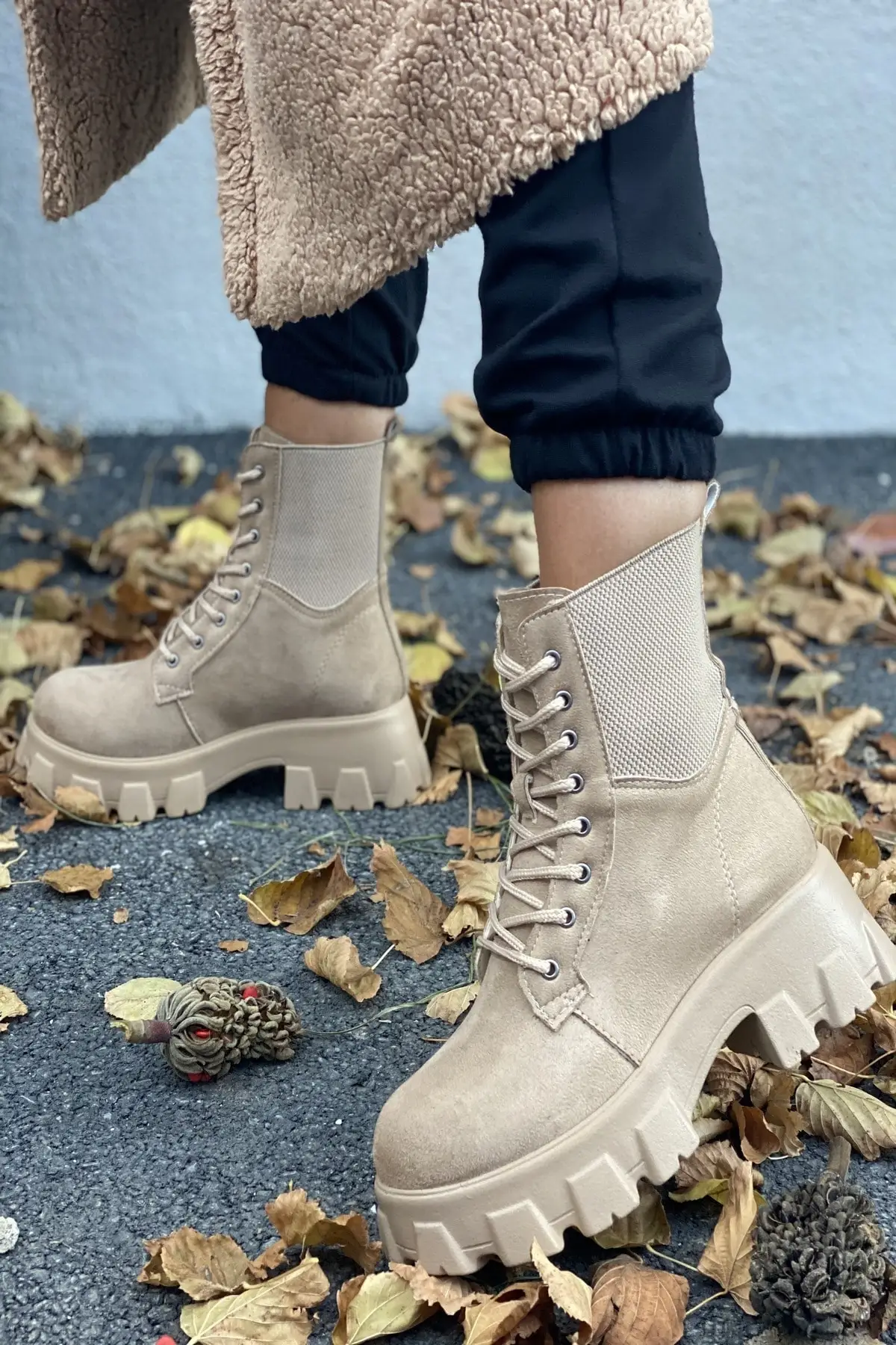 TUGBA Women Boot  Suede Leather Knit Edged Rubber Light Soled  Ankle Ladies Beige Boots Flat platform shoes 2020  2021  botas