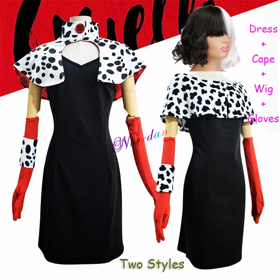 2021 New Movie Cruella De Vil Costume Women Super Villain Cruella Cosplay Halloween Party Costume Sexy Dress With Coat Wig