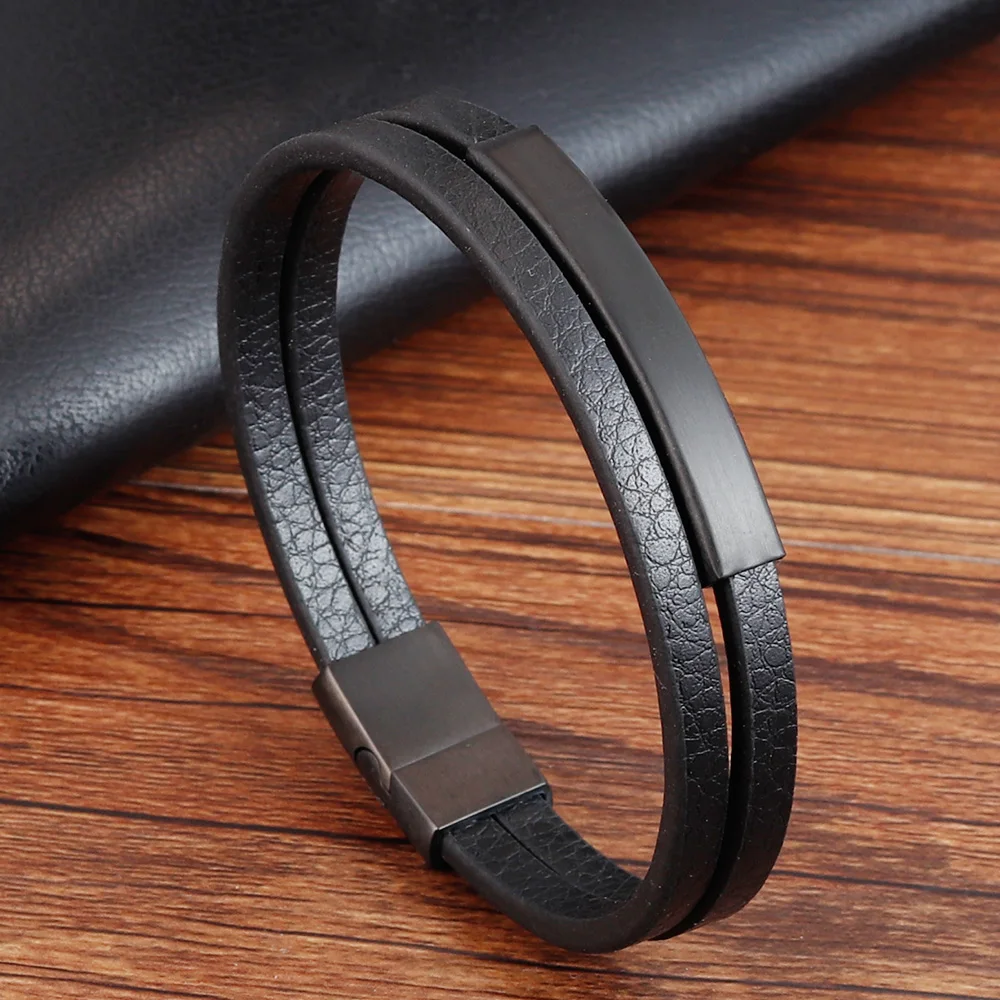 New Fashion Simple Leather Braid Bracelet Stainless Steel Buckle Clasps For Men Handmade Bangle Wholesale Charm Jewelry Gift