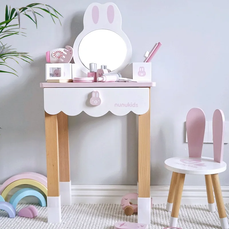 

Nunukids Children Wooden Simulation Dressing Table Princess Pretend Play Makeup Barber Game Toy Girl Play House Gift For Kids