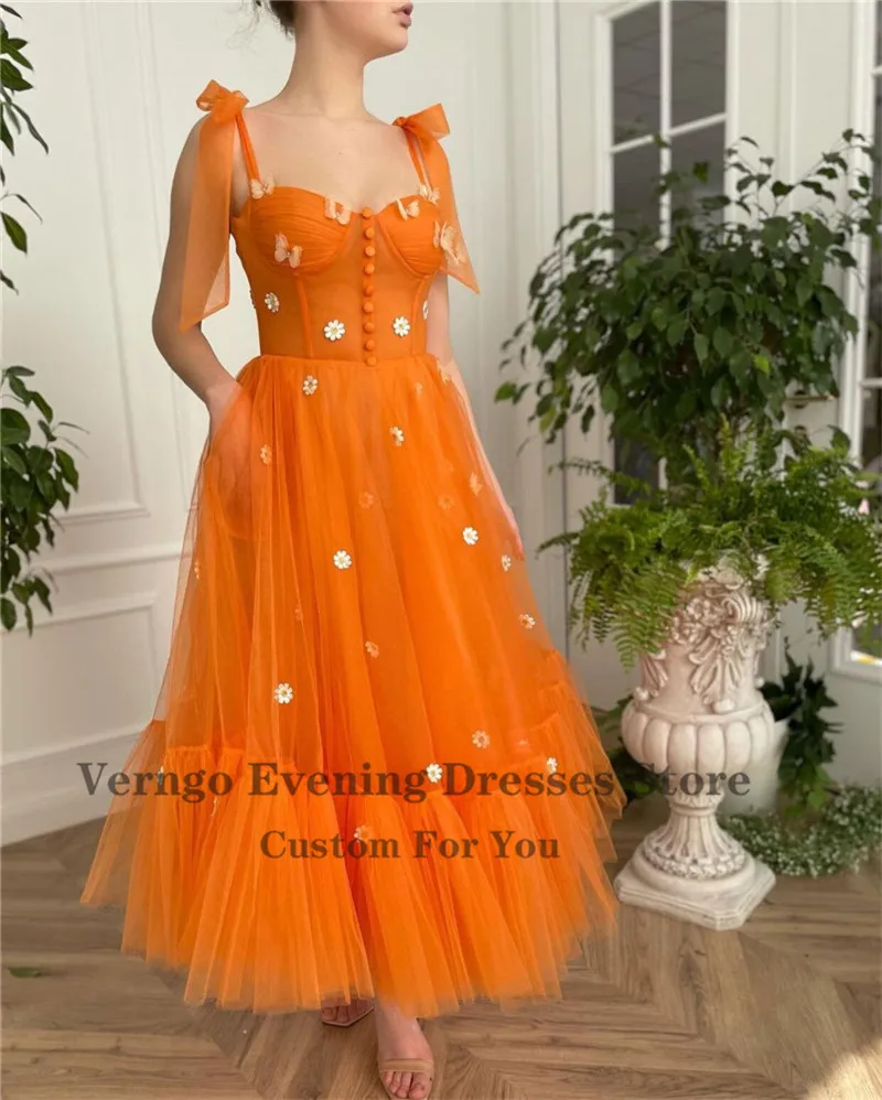 Verngo-Robe de soirée en tulle orange, ligne A, fleurs 3D, bretelles nouées, nœud noué, boutons initiés, longueur de rinçage avant, fête, Rh, quoi que ce soit, 2021