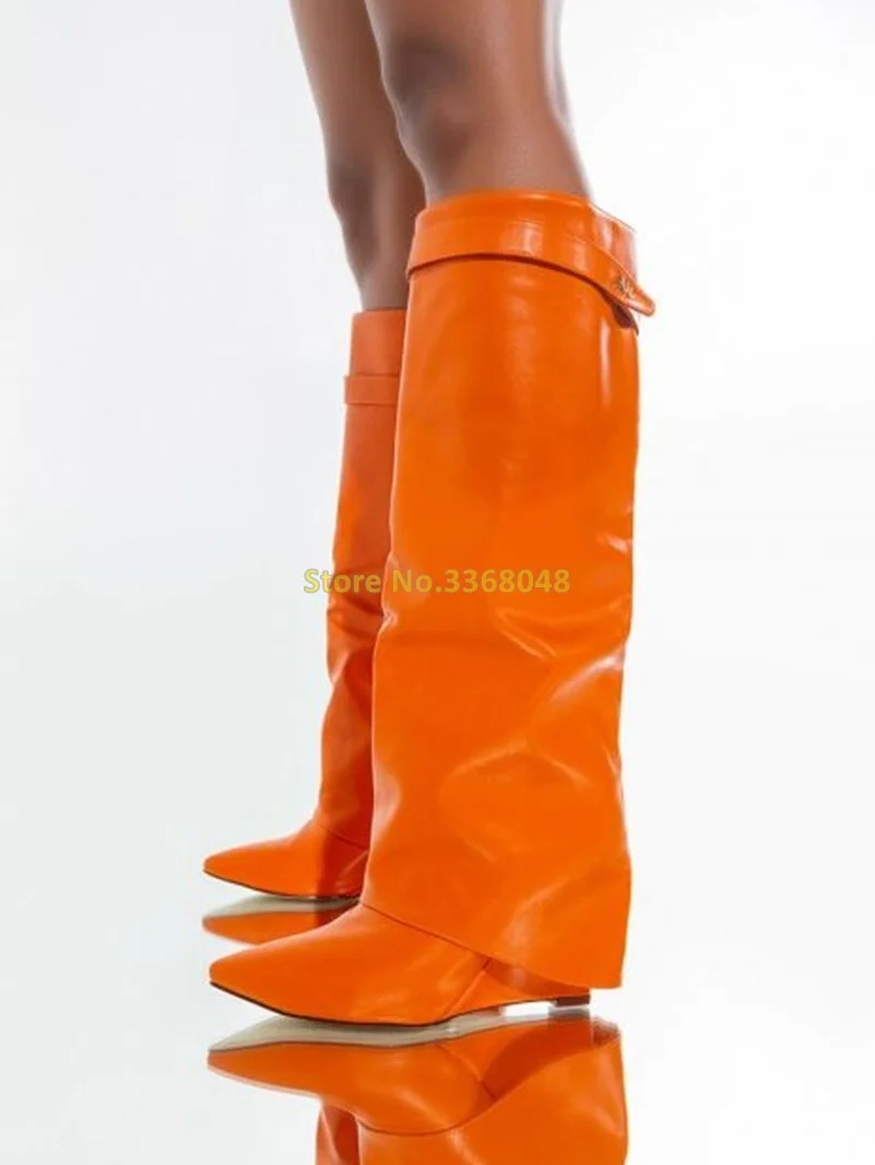 

Orange Wedges Knee High Boots Sexy Pointed Toe Leather Runway Fashion Women Boots Turn Over Foled Genuine Leather Boots