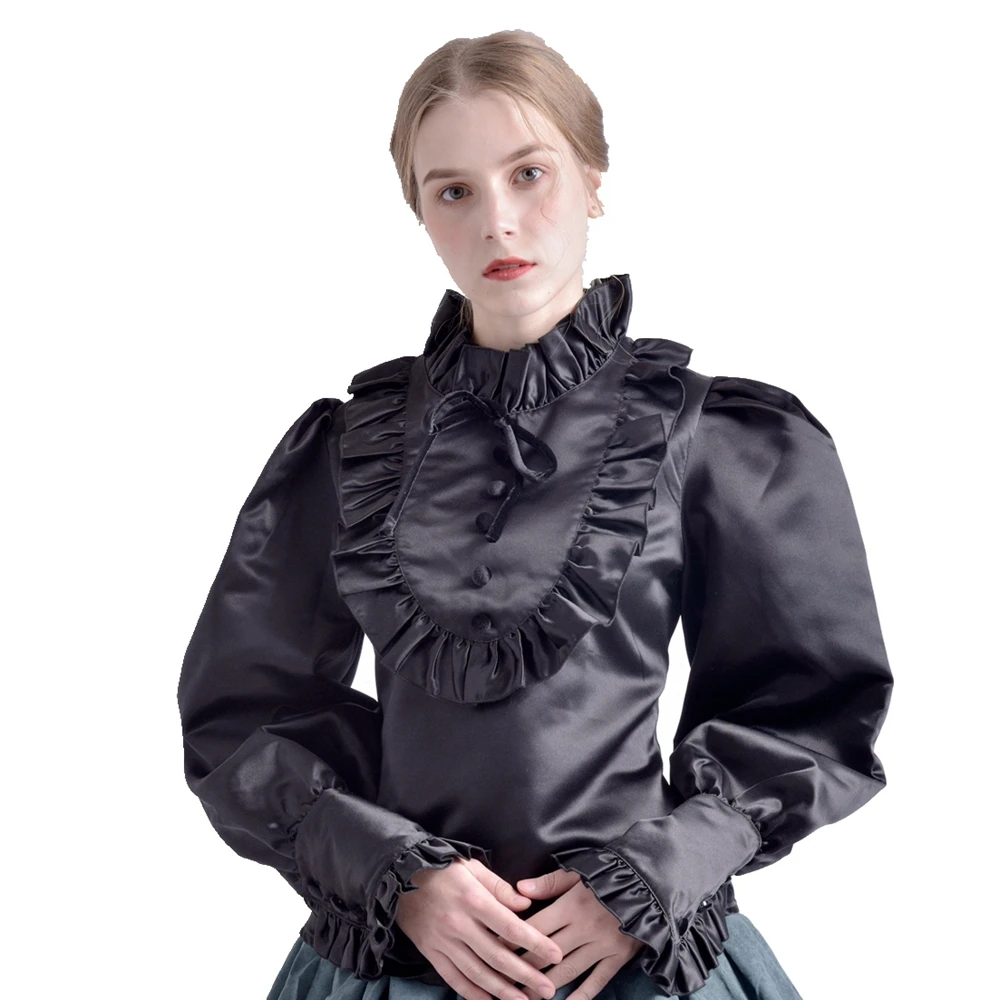 Victorian Blouse Women Vintage Royal Princess Renaissance Medieval Long Sleeve White/Black Ruffled Jabot Lolita Shirt