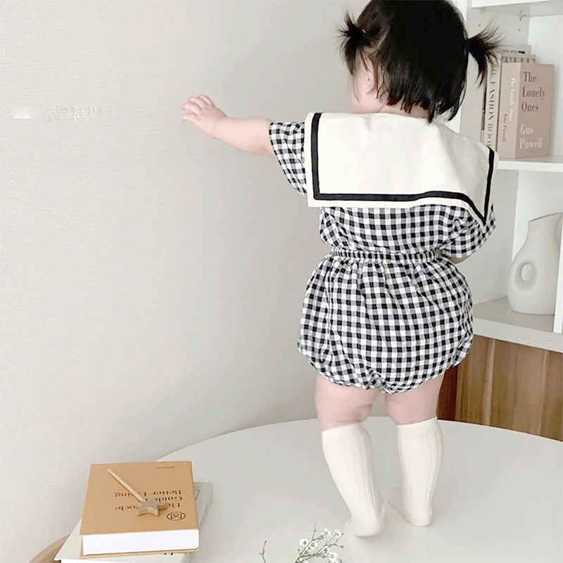 Baby Clothes Plaid tees and Cotton Bloomer 2Pcs Sets Trun-down Collar Toddler Suit Korean Infant Outfits