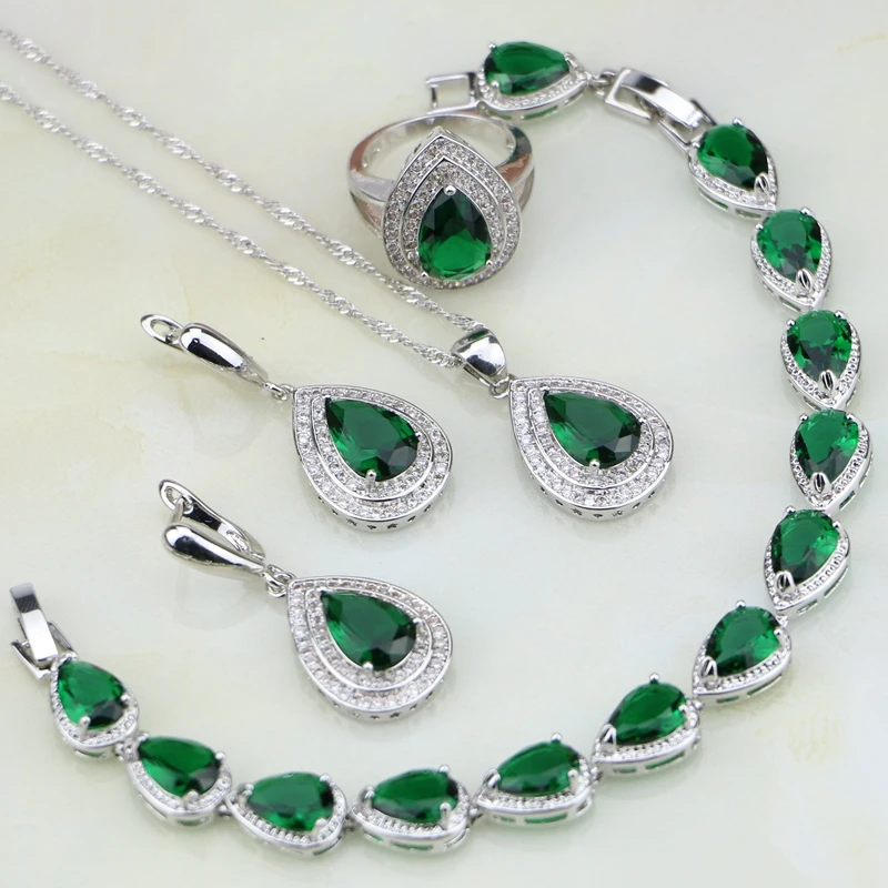 Green Created Emerald White CZ 925 Silver Jewelry Sets For Women Wedding Bracelets Necklace Pendant Earrings Ring 4PCS