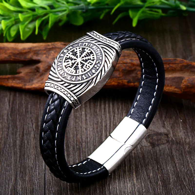 Beier 316L Stainless Steel Viking Vegvisir Compass Pendants Bangle Nose  Runes Men Jewelry Odin Symbol Leather bracelet LBC-L052