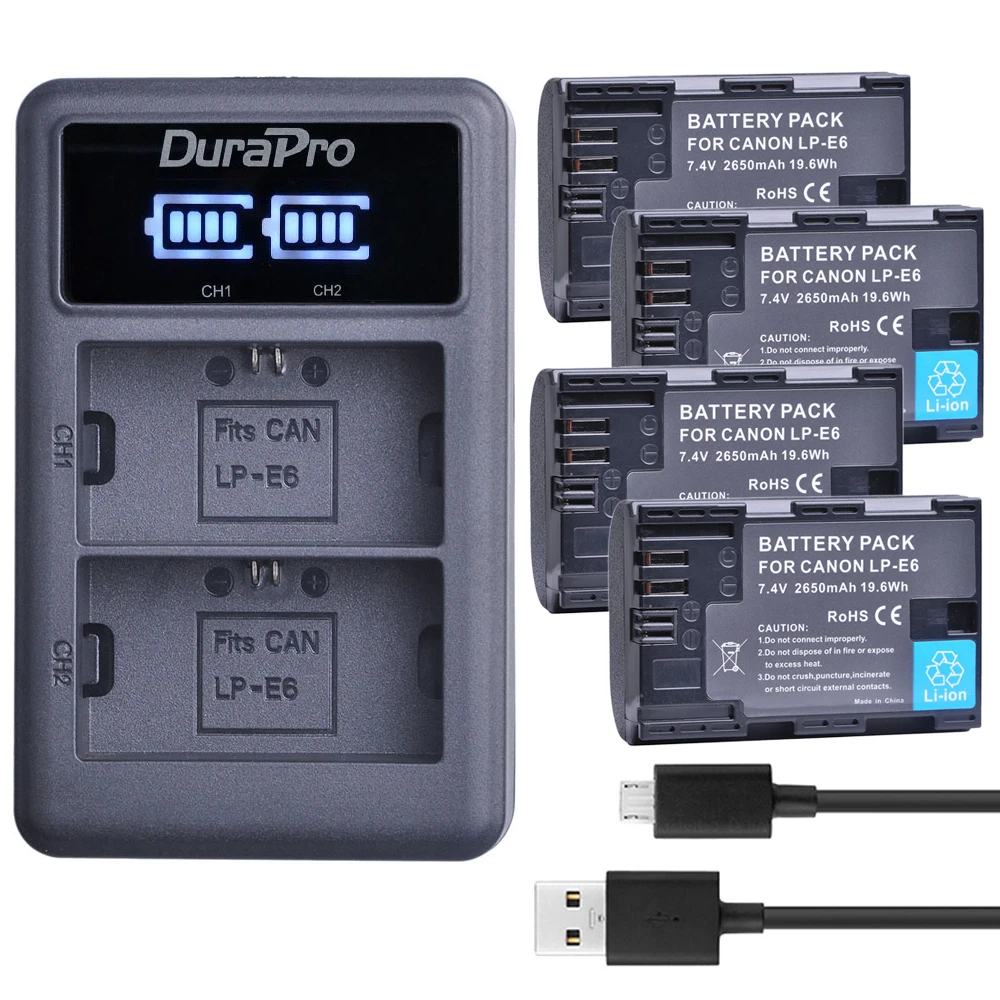 

DuraPro 2650mAH LP-E6 LP-E6N Battery LP E6 E6N Bateria + LED Dual Charger For Canon EOS 5DS R 80D 70D 7D 6D 5D Mark II R6 R7 RP