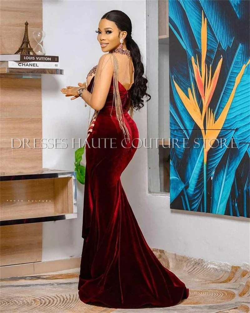 Aso Ebi-Vestidos de Fiesta de terciopelo Burdeos para mujer, elegantes vestidos de sirena con cuello alto, apliques con cuentas, talla grande, vestidos de noche